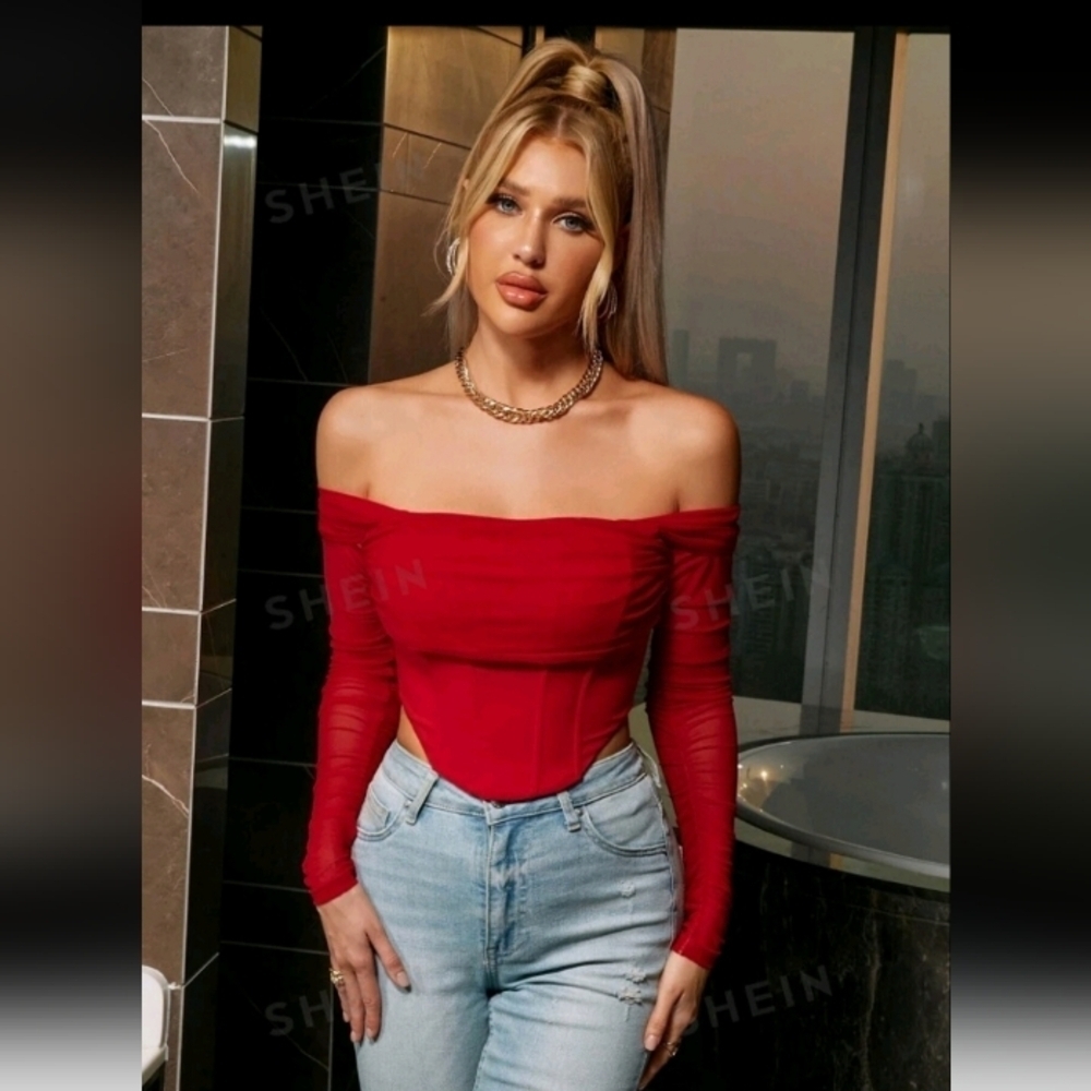 4/$18 Shein parthea off shoulder high-low hem ruched mesh corset top